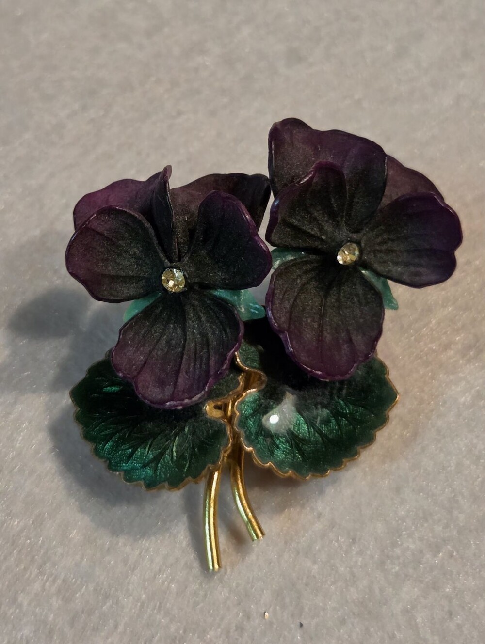 Vintage Purple and Teal Cellulose Floral Brooch - Gold-tone Leaf Pin